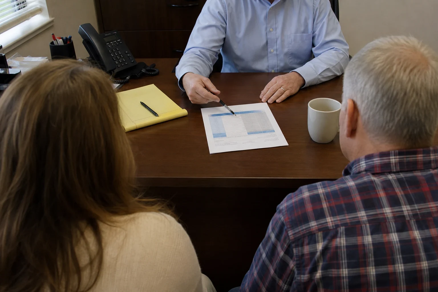 Agent in a light blue shirt points a pen at a printed sheet on a wooden desk as a couple seated across from him looks on, with a desk phone, legal pad and coffee mug nearby