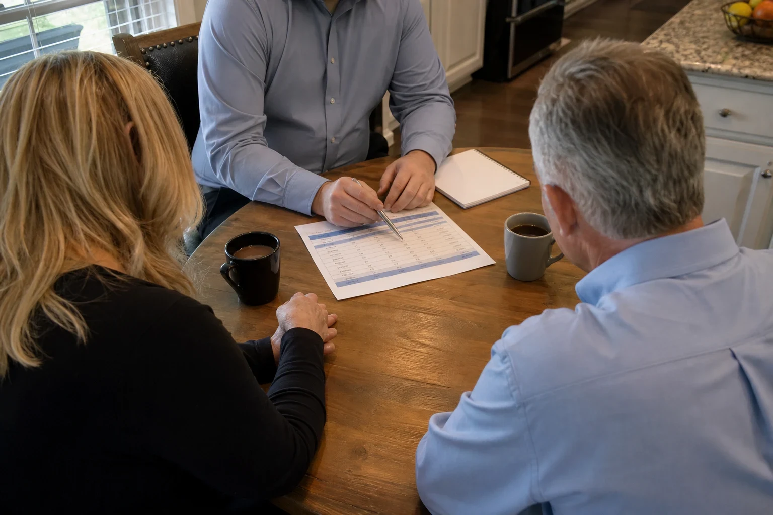 Insurance agent at a wooden kitchen table pointing a pen at a printed comparison sheet for a couple, with coffee mugs and a notepad on the table